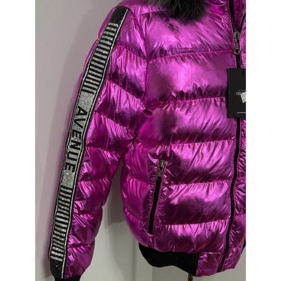 NEW Avenue George V Paris Puffer Jacket Hooded Fur Rhinestone Pink LARGE $650 - Picture 3 of 9